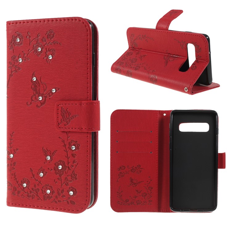 

For Samsung Galaxy S10 Imprinted Butterfly Flowers Rhinestone Flip Wallet Leather Stand Phone Casing - Red, Galaxy S10
