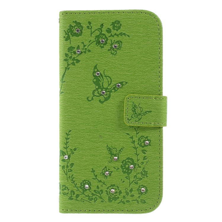 

For Samsung Galaxy S10 Imprinted Butterfly Flowers Rhinestone Flip Wallet Leather Stand Cover - Green, Galaxy S10