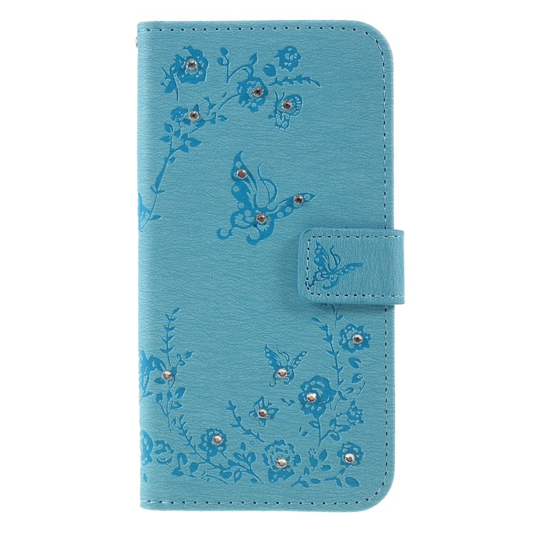 

For Samsung Galaxy S10 Imprinted Butterfly Flowers Rhinestone Flip Leather Stand Wallet Case - Baby Blue, Galaxy S10