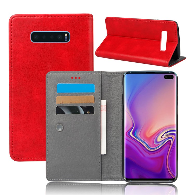 

For Samsung Galaxy S10 Plus Crazy Horse Leather Wallet Phone Shell with Suction Cup - Red, Galaxy S10 Plus