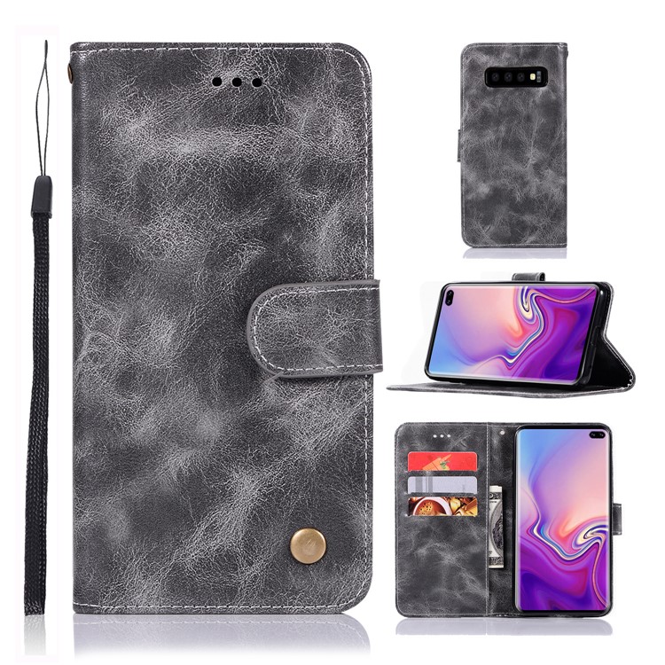 

Vintage Premium PU Leather Wallet Cover with Stand for Samsung Galaxy S10 Plus - Grey, Galaxy S10 Plus