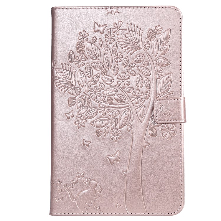 

For Samsung Galaxy Tab A 8.0 (2018) SM-T387 [Imprint Cat and Tree] Leather Wallet Casing - Rose Gold, Galaxy Tab A 8.0 (2018)