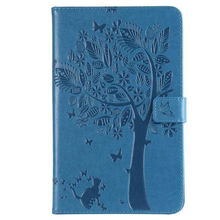 

For Samsung Galaxy Tab A 8.0 (2018) SM-T387 [Imprint Cat and Tree] Leather Wallet Flip Cover - Blue, Galaxy Tab A 8.0 (2018)