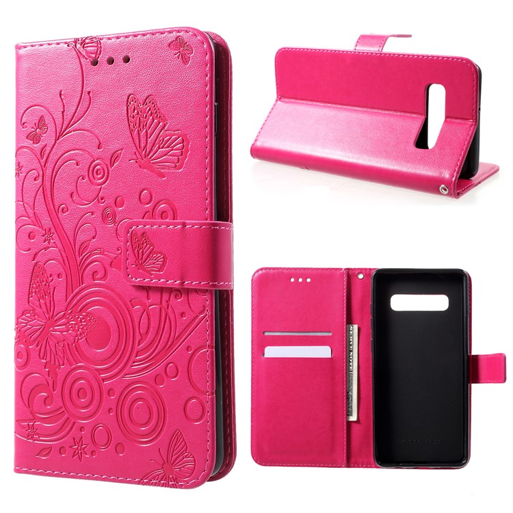 Imprinted Butterfly Flower PU Leather Mobile Case for Samsung Galaxy S10 - Rose-1