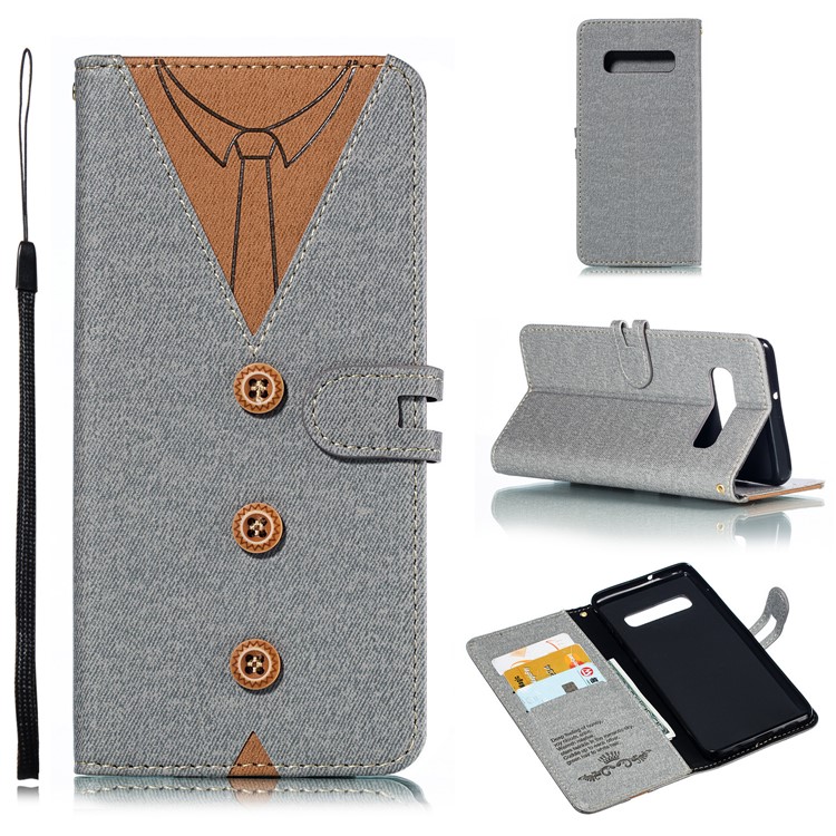

Splicing Imprint Men Tie Leather Button Decor Shell for Samsung Galaxy S10 Plus - Grey, Galaxy S10 Plus