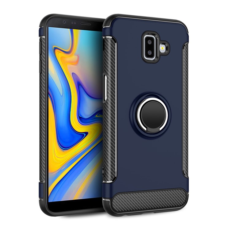 

360 Degree Rotating Kickstand Carbon Fiber Texture Hybrid Accessory Shell for Samsung Galaxy J6+ - Dark Blue, Galaxy J6+