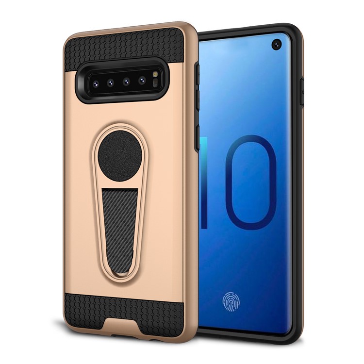 

360 Degree Rotating Kickstand Carbon Fiber Texture Hybrid Shell for Samsung Galaxy S10 - Gold, Galaxy S10