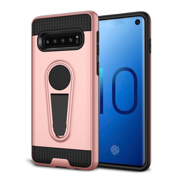 

360 Degree Rotating Kickstand Carbon Fiber Texture Hybrid Accessory Case for Samsung Galaxy S10 - Rose Gold, Galaxy S10