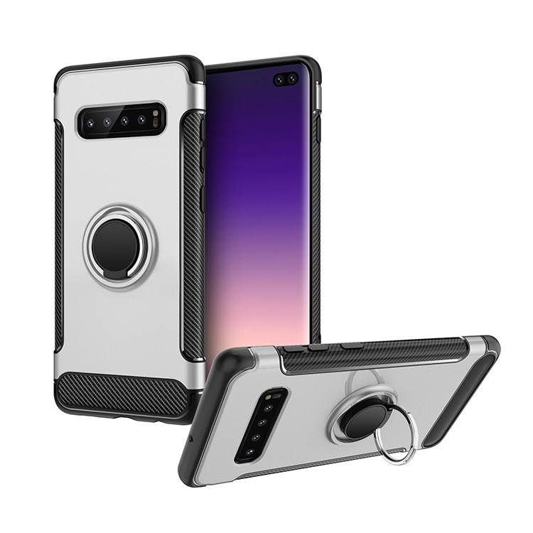 

ANGIBABE Carbon Fiber Texture Kickstand TPU+PC Hybrid Case for Samsung Galaxy S10 Plus - Silver, Galaxy S10 Plus