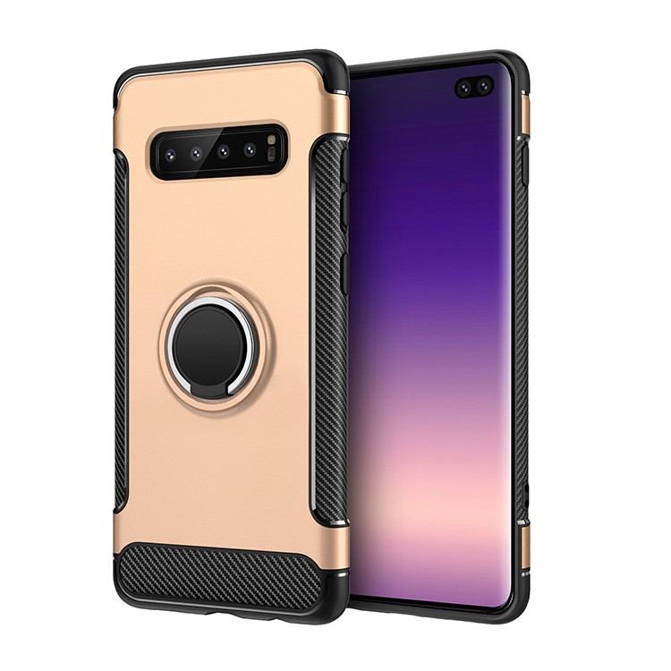 

ANGIBABE Текстура Из Углеродного Волокна Kickstand ТПУ + ПК Гибридный Корпус Чехол Для Samsung Galaxy S10 Plus - Золото, Galaxy S10 Plus