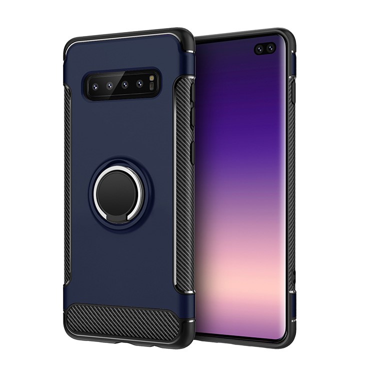 ANGIBABE Carbon Fiber Texture Kickstand TPU+PC Combo Shell for Samsung Galaxy S10 Plus - Dark Blue-1