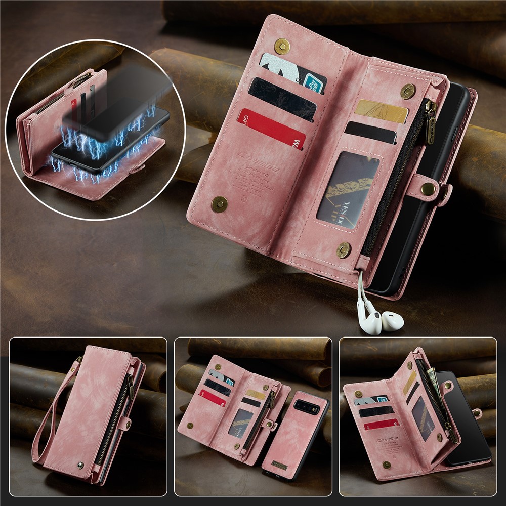 CASEME 008 Series for Samsung Galaxy S10 PU Leather Zipper Pocket Sand Cover Detachable 2-in-1 Magnetic Wallet Phone Case - Pink