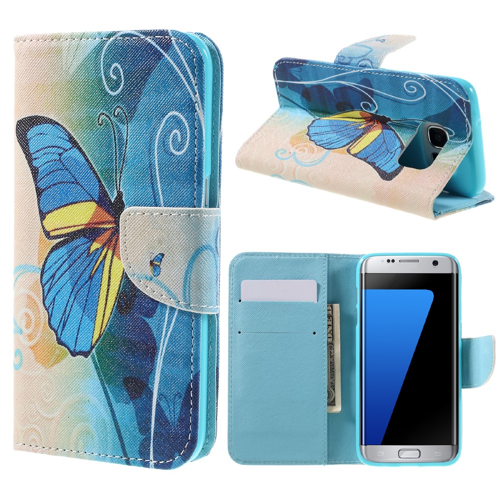 Coperchio in Pelle Del Portafoglio Per Samsung Galaxy S7 Edge G935 - Farfalle Blu