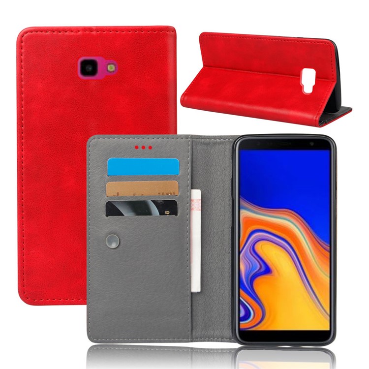

Crazy Horse Leather Flip Cover with Suction Cup for Samsung Galaxy J4+ - Red, Galaxy J4+