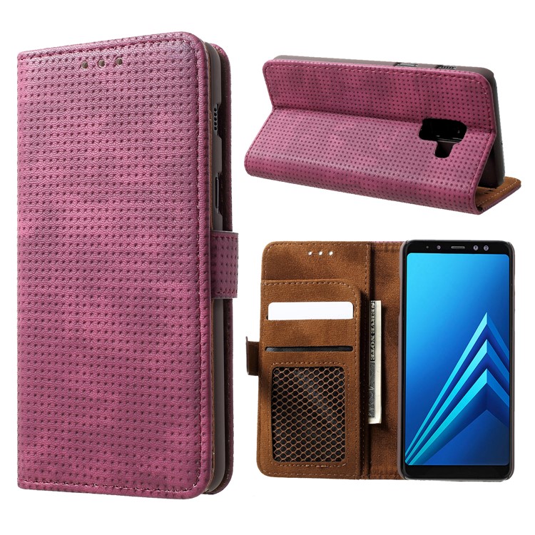 Mesh Pattern Retro Leather Wallet Stand Casing for Samsung Galaxy A8 (2018) - Red-1