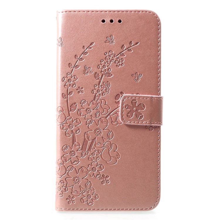 Imprinted Plum Blossom Leather Protective Case for Samsung Galaxy A7 (2018) - Rose Gold-3