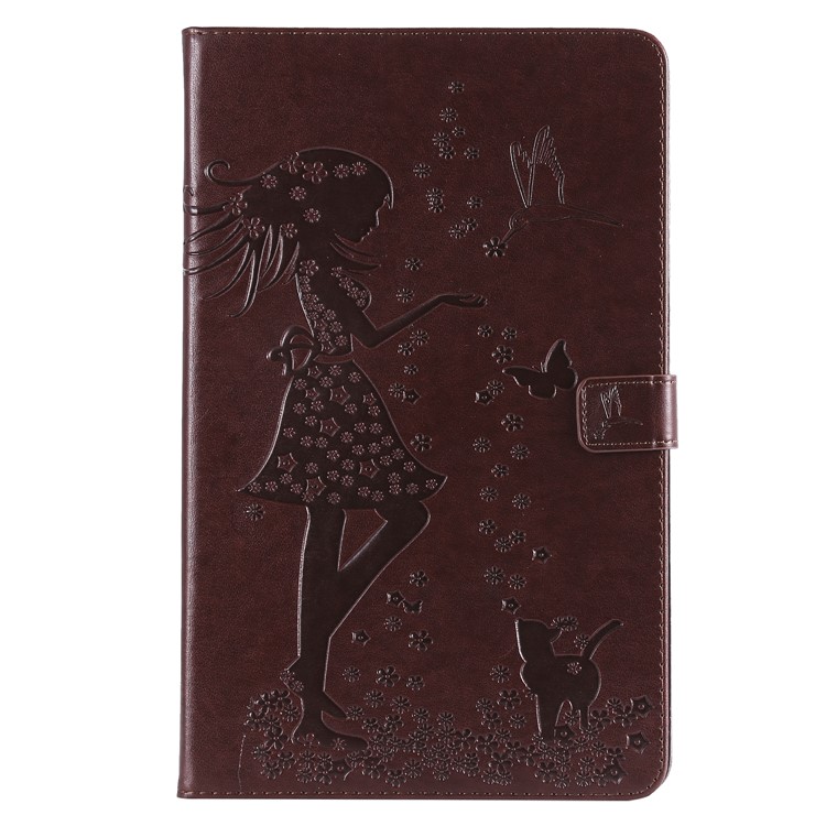 

[Imprint Girl and Cat] Leather Stand Protection Case for Samsung Galaxy Tab A 10.5 (2018) T590 T595 T597 - Brown, Galaxy Tab A 10.5 (2018) T590 T595