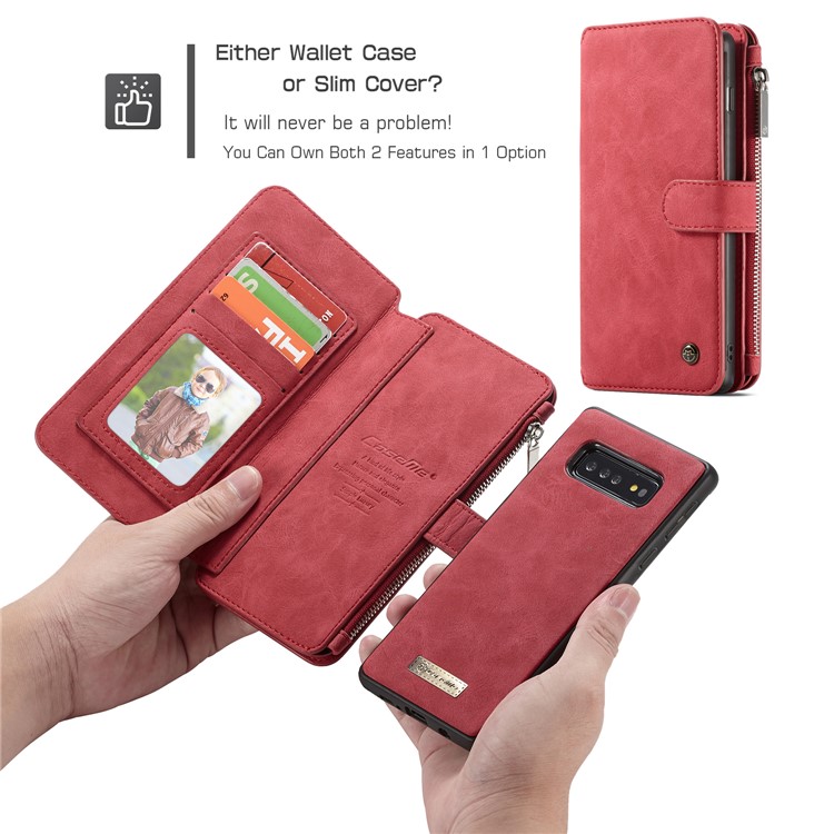 CASEME Detachable 2-in-1 Split Leather Wallet Case for Samsung Galaxy S10 - Red-14