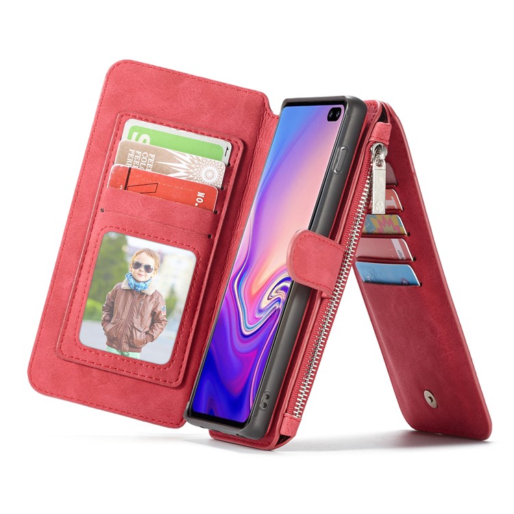 CASEME Detachable 2-in-1 Split Leather Wallet Case for Samsung Galaxy S10 - Red-25