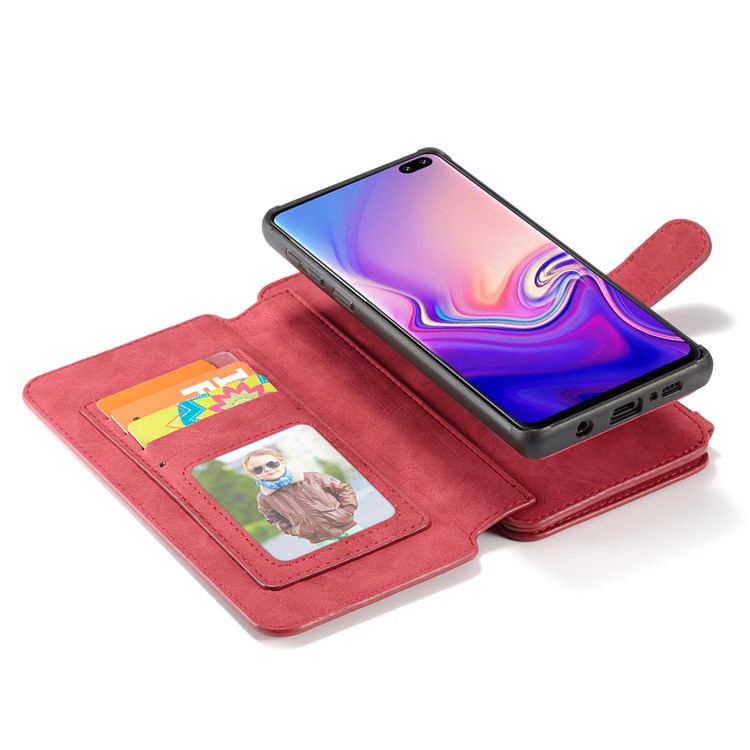 CASEME Detachable 2-in-1 Split Leather Wallet Case for Samsung Galaxy S10 - Red-32