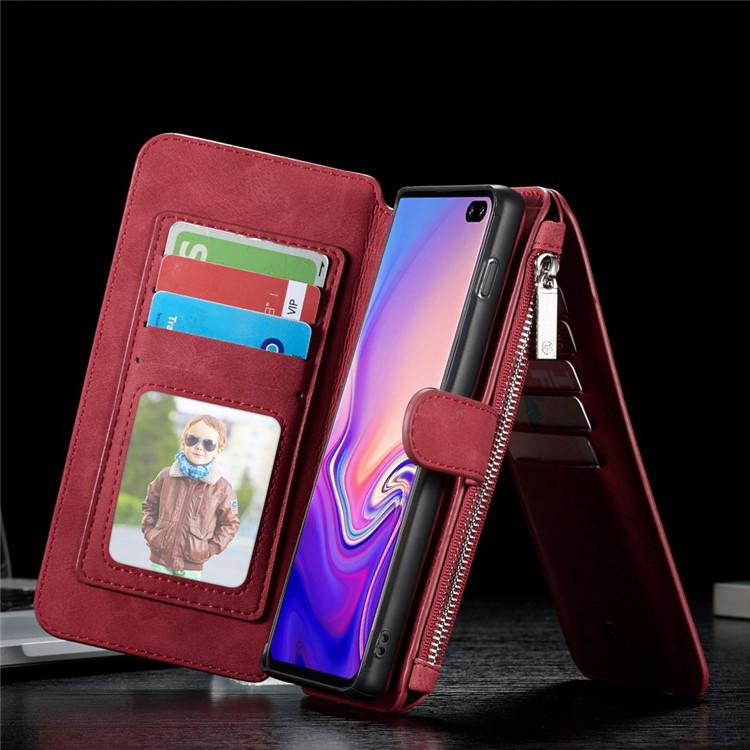 CASEME Detachable 2-in-1 Split Leather Wallet Case for Samsung Galaxy S10 - Red-5