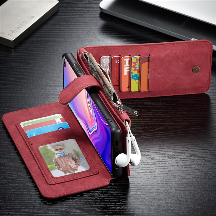 CASEME Detachable 2-in-1 Split Leather Wallet Case for Samsung Galaxy S10 - Red-6