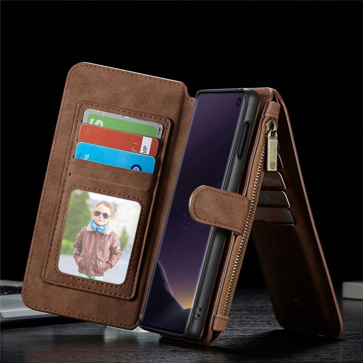 CASEME 007 Series Split Leather Wallet Case + Detachable Hybrid Cover for Samsung Galaxy S10e - Brown-29
