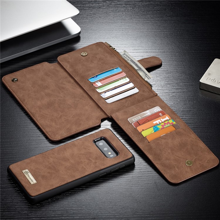 CASEME 007 Series Split Leather Wallet Case + Detachable Hybrid Cover for Samsung Galaxy S10e - Brown-31