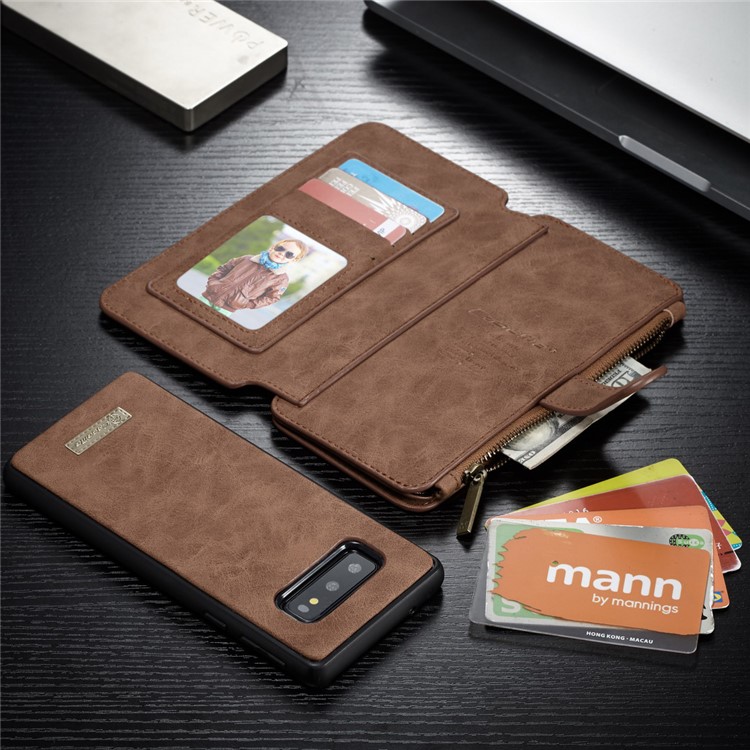 CASEME 007 Series Split Leather Wallet Case + Detachable Hybrid Cover for Samsung Galaxy S10e - Brown-32