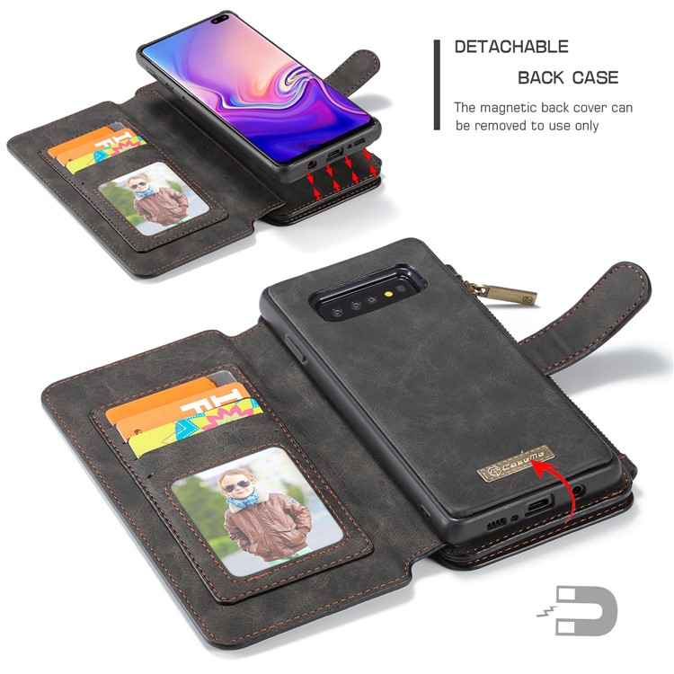 CASEME Detachable 2-in-1 Split Leather Wallet Cover for Samsung Galaxy S10 Plus - Black-13