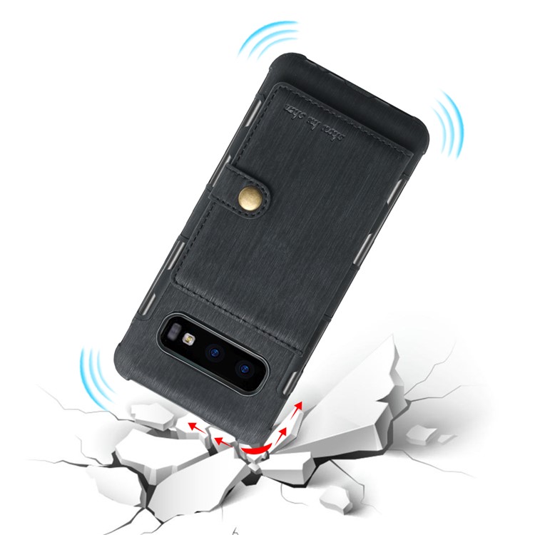 Brushed PU Leather Coated Card Holder PC TPU Hybrid Phone Case (Built-in Magnetic Holder Metal Sheet) for Samsung Galaxy S10 Lite - Black-3