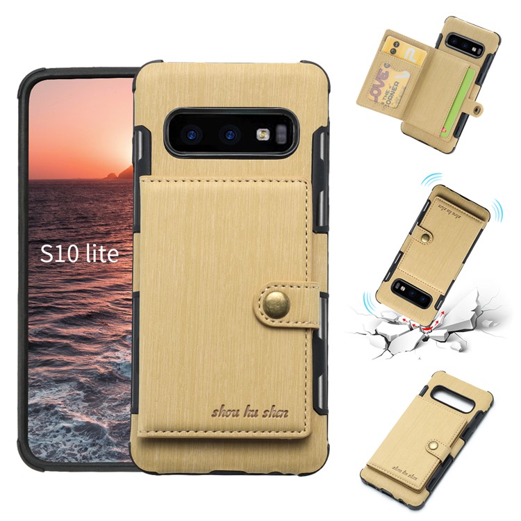 

Brushed PU Leather Coated Card Holder PC TPU Hybrid Phone Shell (Built-in Magnetic Holder Metal Sheet) for Samsung Galaxy S10e - Gold, Galaxy S10e