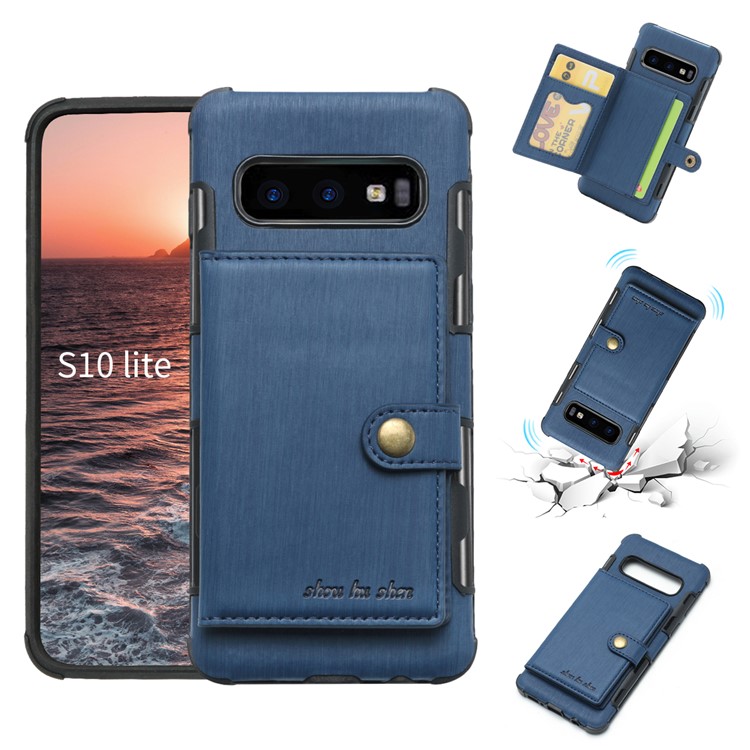 

Brushed PU Leather Coated Card Holder PC TPU Hybrid Cellphone Cover (Built-in Magnetic Holder Metal Sheet) for Samsung Galaxy S10e - Blue, Galaxy S10e