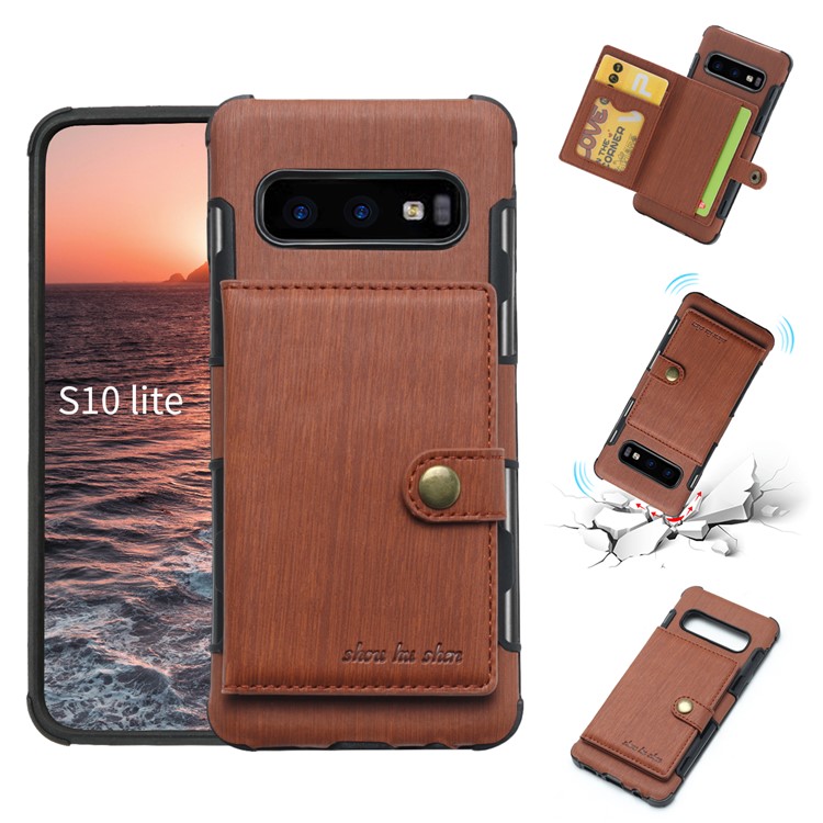 

Brushed PU Leather Coated Card Holder PC TPU Hybrid Cellphone Case (Built-in Magnetic Holder Metal Sheet) for Samsung Galaxy S10e - Brown, Galaxy S10e