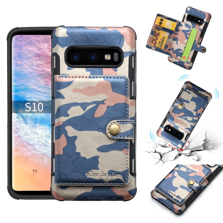 

SHOUHUSHEN Card Holder Protective Cover for Samsung Galaxy S10 Camouflage Leather Coated PC TPU Cover - Baby Blue, Galaxy S10