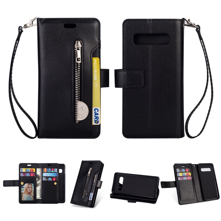 Multi-slot Wallet Zippered Leather Casing for Samsung Galaxy S10 - Black-1