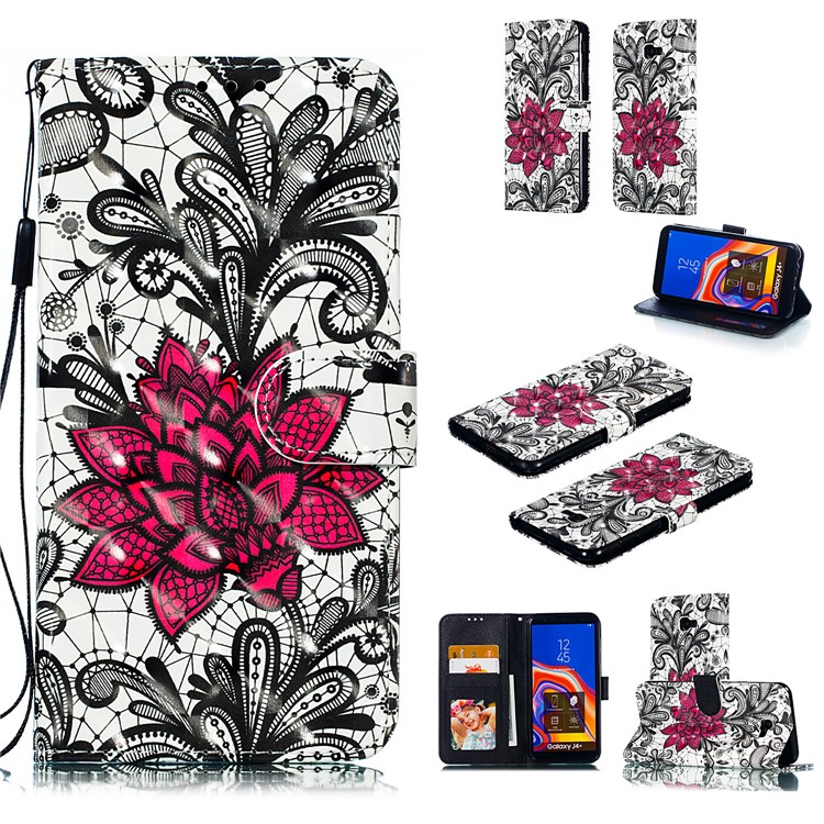 

For Samsung Galaxy J4+ Patterned Leather Mobile Shell [Stand Wallet] [Light Spot Decor] - Lace Flower, Galaxy J4+