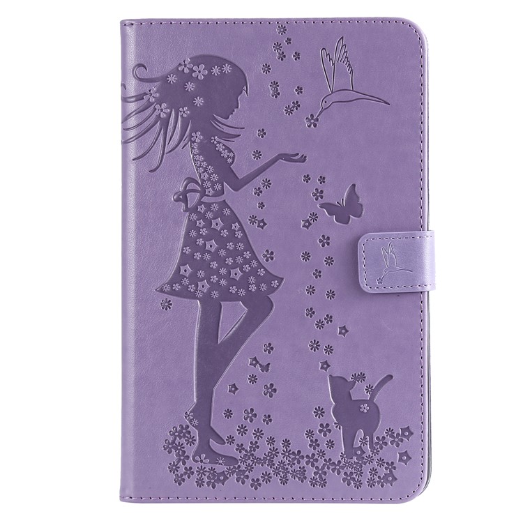 

[Imprint Girl and Cat] Leather Protective Shell for Samsung Galaxy Tab A 8.0 (2018) SM-T387 - Purple, Galaxy Tab A 8.0 (2018)