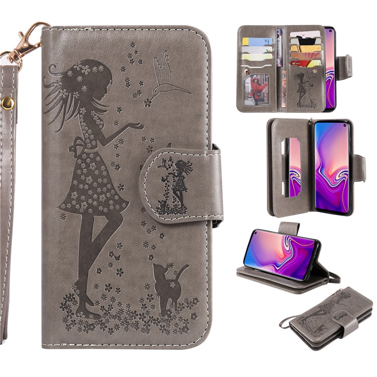 Imprinted Beauty Cat 9 Card Slots Stand Leather Cover for Samsung Galaxy S10 - Grey-1