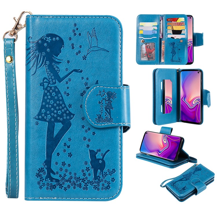

Imprinted Beauty Cat 9 Card Slots Stand Leather Cover for Samsung Galaxy S10 - Blue, Galaxy S10