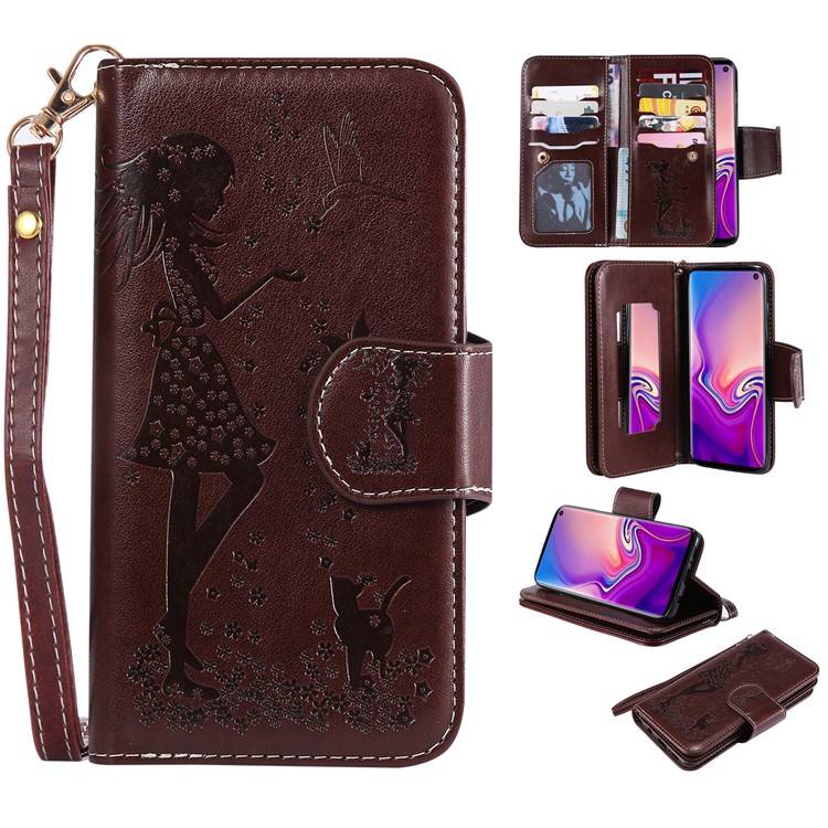 

Imprinted Beauty Cat 9 Card Slots Stand Leather Cover for Samsung Galaxy S10 - Brown, Galaxy S10