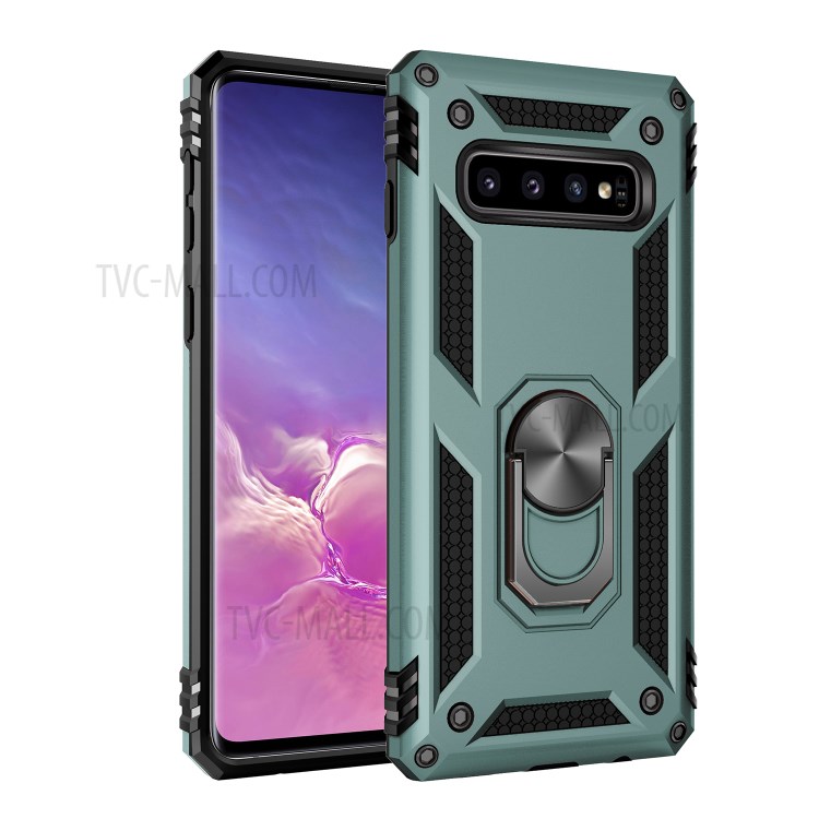 Armor PC TPU Hybrid Phone Case 360 Degree Rotation Ring Kickstand for Samsung Galaxy S10 - Green-1