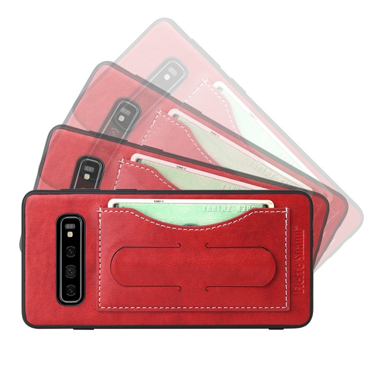 Crazy Horse Texture Kickstand Leather Coated TPU Phone Case with Card Holder for Samsung Galaxy S10 Plus - Red-4