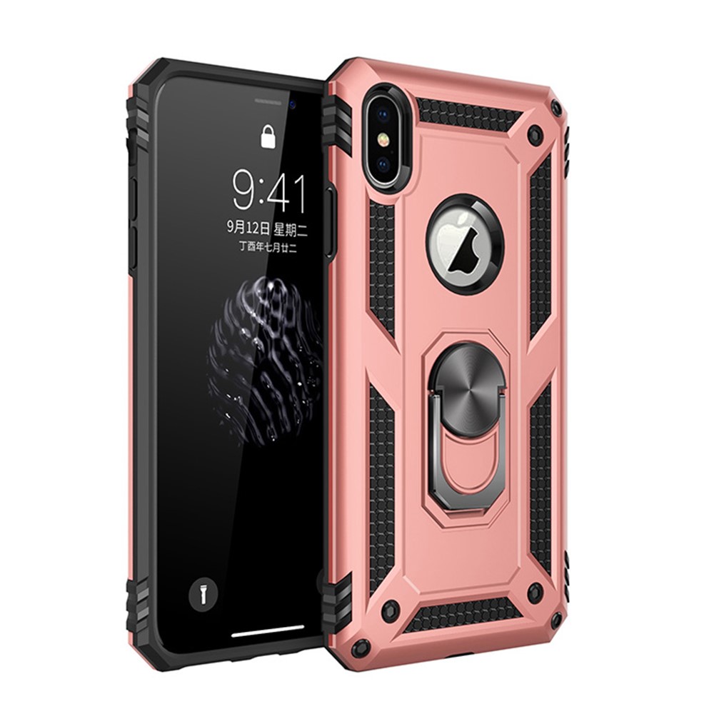 Hybrid PC TPU Armor Case with Kickstand for iPhone XS/X 5.8 inch - Rose Gold