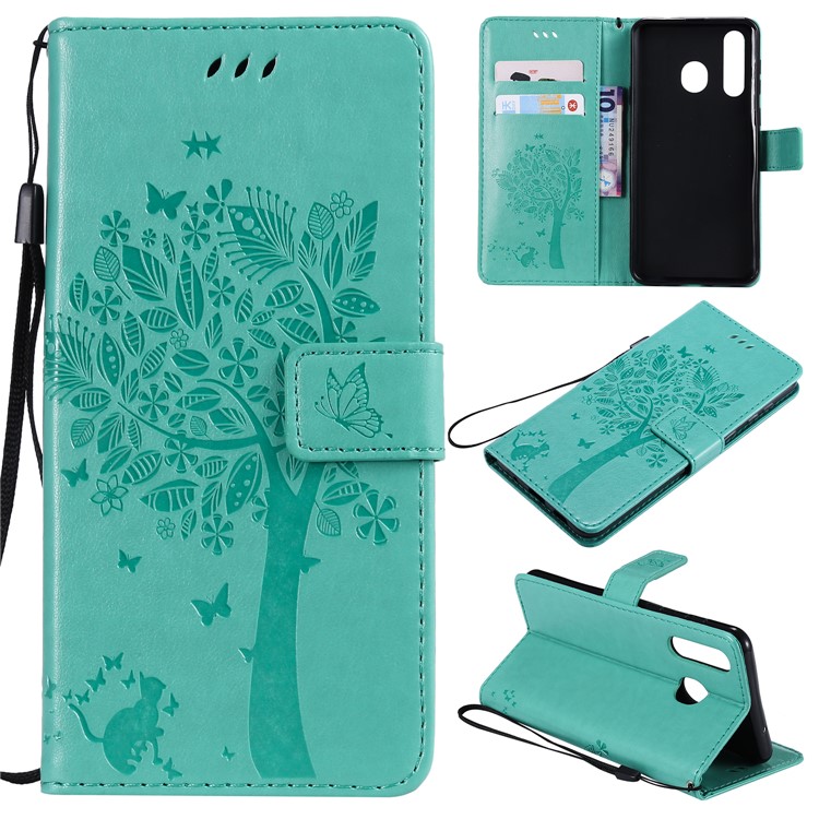 

Imprint Cat and Tree Wallet Stand PU Leather Case with Lanyard for Samsung Galaxy A8s - Cyan, Galaxy A8s