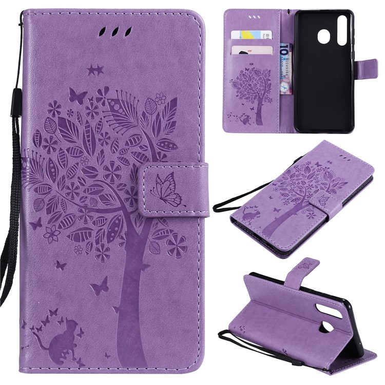 

Imprint Cat and Tree Wallet Stand PU Leather Case with Lanyard for Samsung Galaxy A8s - Light Purple, Galaxy A8s