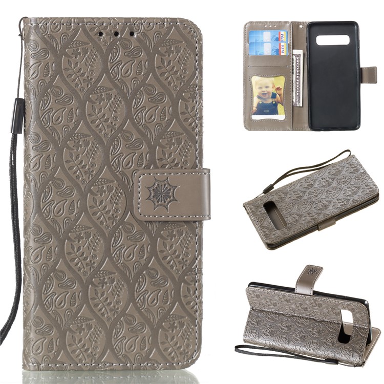 

Imprint Leaf Pattern PU Leather Cover Case for Samsung Galaxy S10 - Grey, Galaxy S10