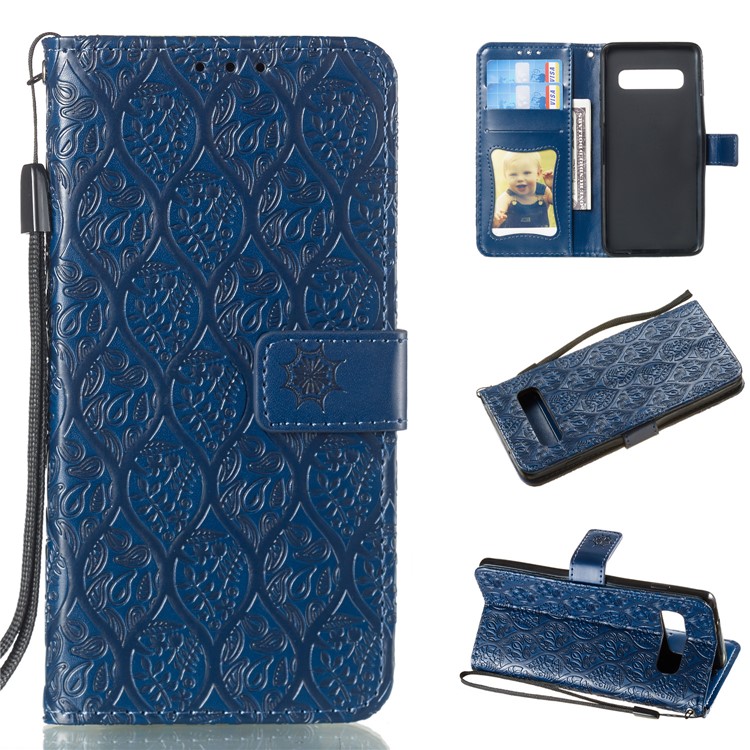 

Imprint Leaf Pattern PU Leather Cover Case for Samsung Galaxy S10 - Dark Blue, Galaxy S10