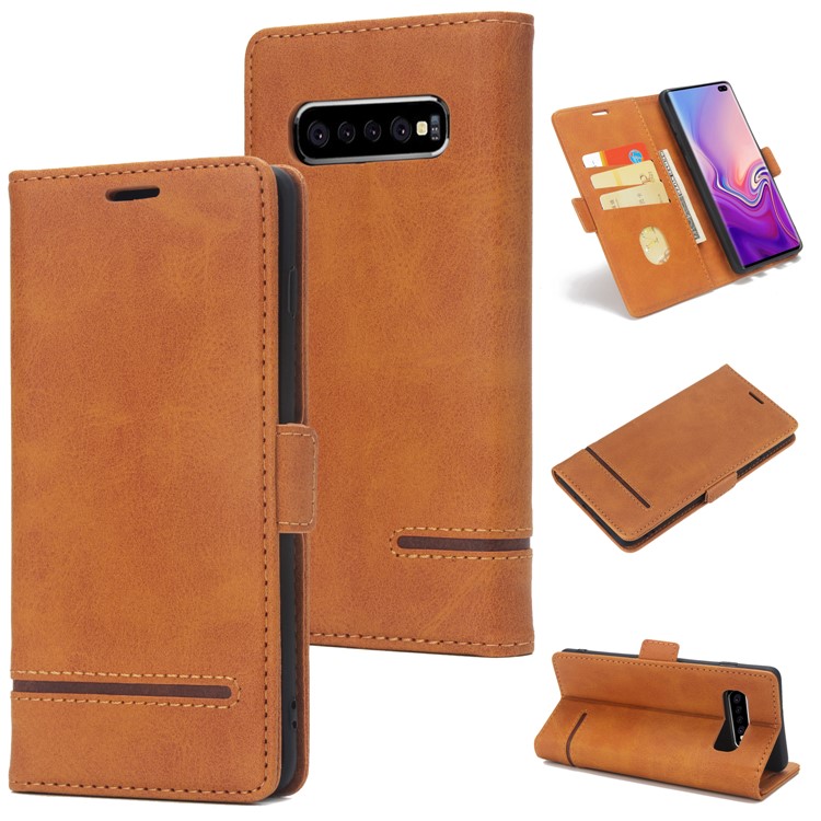 Business Style Splicing Leather Wallet Case Cover for Samsung Galaxy S10 - Brown-1