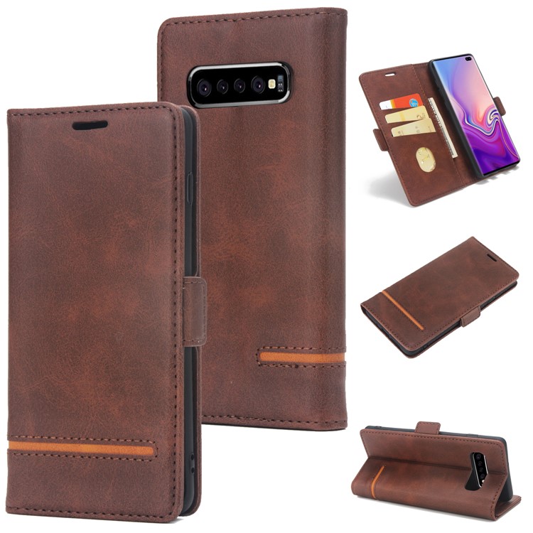 Business Style Splicing Leather Wallet Case Cover for Samsung Galaxy S10 - Coffee-1